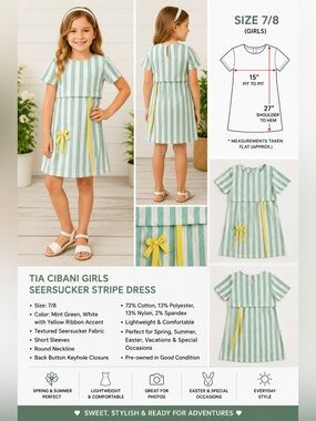 TIA CIBANI Girls Seersucker Stripe Dress Size 7/8 Mint Green White Ribbon Accent